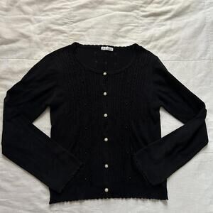 Axes Femme Black button-up cardigan with pearl buttons and tonal hotfix